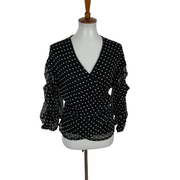 Elizabeth Crosby Wrap Top Small Black Polka Dot Long Sleeve Workwear Classic - Picture 1 of 5
